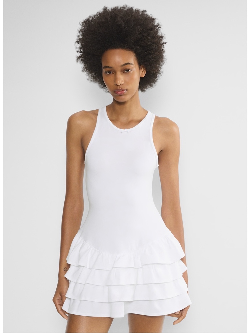 Aritzia Sunday Best Chill Danse Stretch Jersey Ruffle Skirt Mini Dress in White